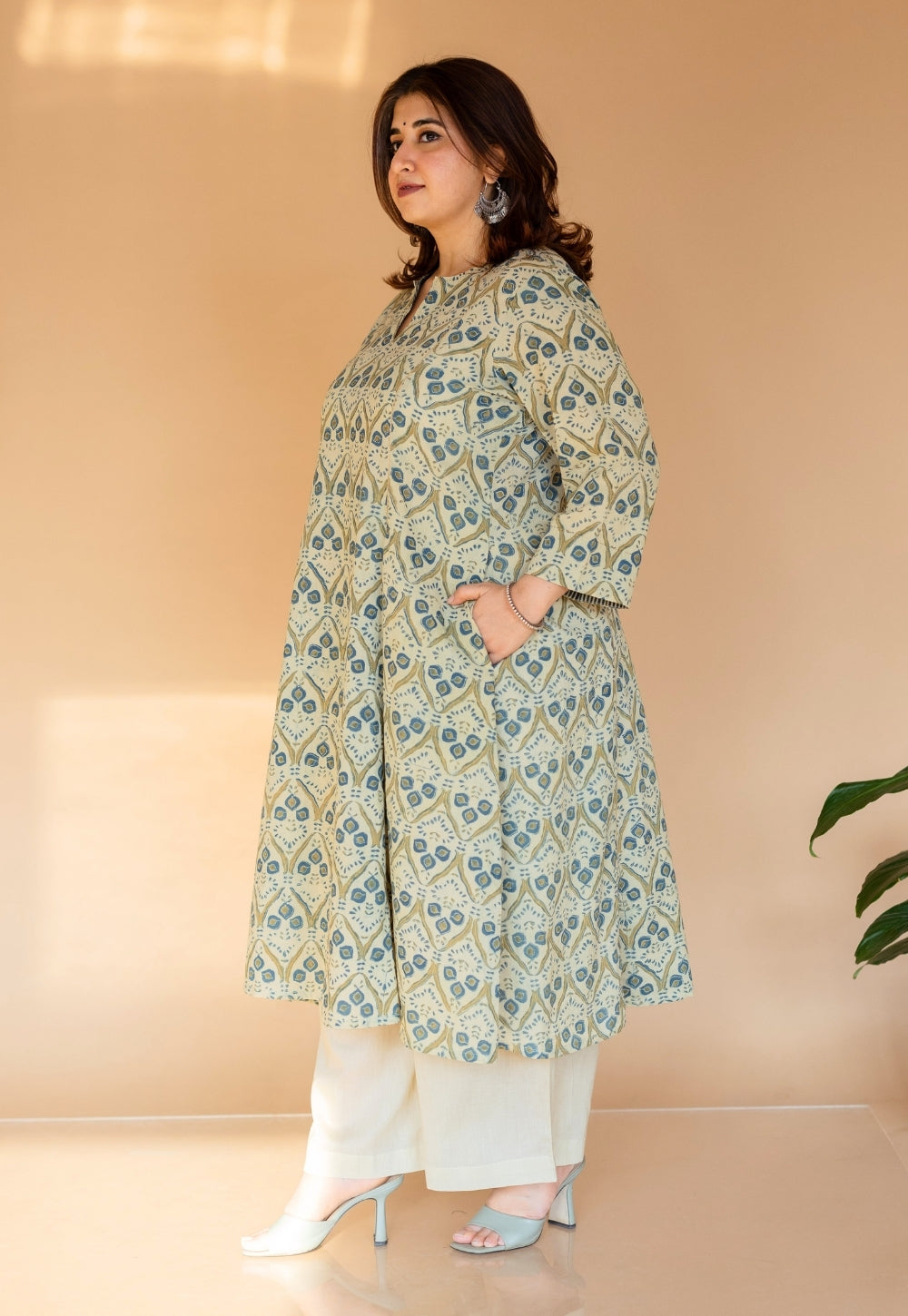 Malika Off White Ajrakh Cotton Kali Kurta with Embroidery