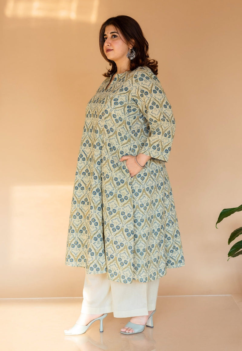 Malika Off White Ajrakh Cotton Kali Kurta with Embroidery