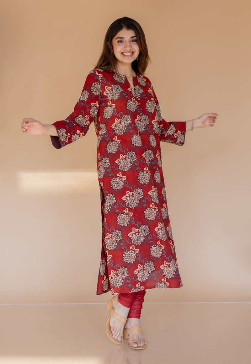 Dipika Red Ajrakh Cotton Straight Kurta