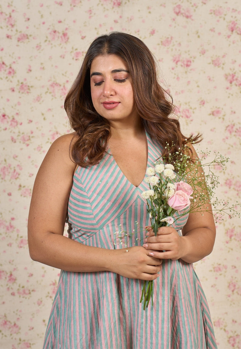 Ada Blue Stripes Sanganeri Mul Cotton A Line Dress