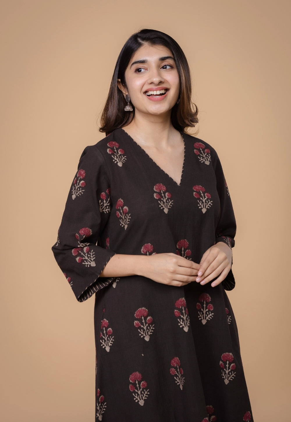 Shrusti Brown Dabu Slub Cotton A Line Kurta