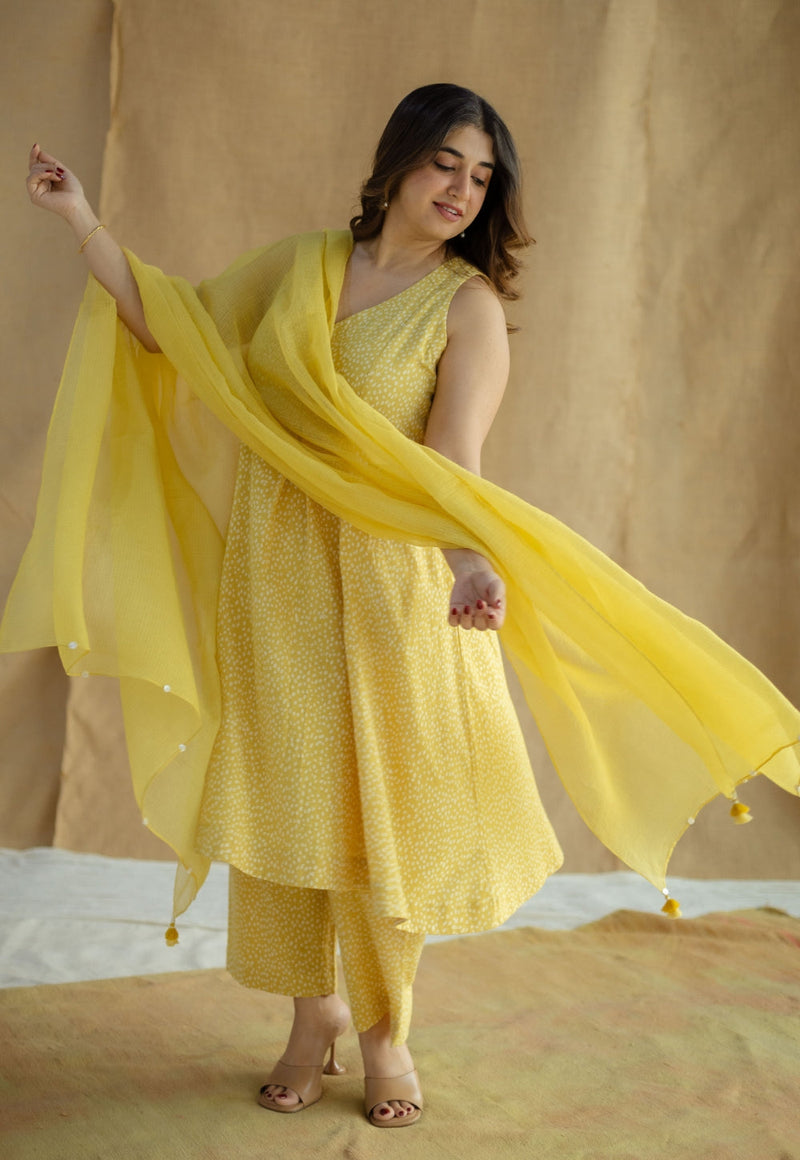 Aziza Mustard Hand Block Print Slub Cotton A Line Kurta