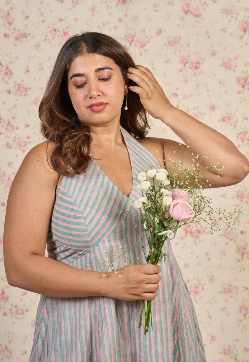 Ada Blue Stripes Sanganeri Mul Cotton A Line Dress