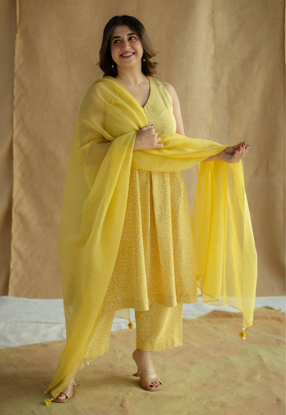 Aziza Mustard Hand Block Print Slub Cotton A Line Kurta