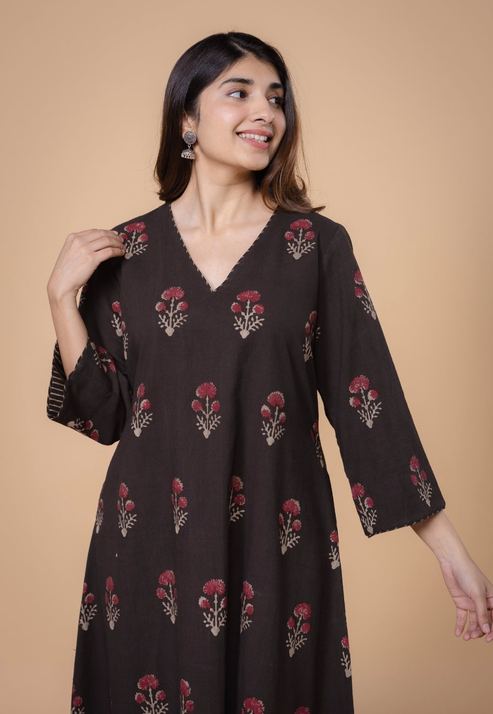 Shrusti Brown Dabu Slub Cotton A Line Kurta