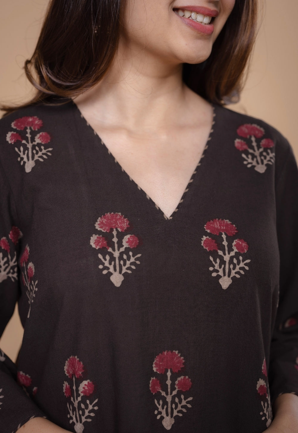 Shrusti Brown Dabu Slub Cotton A Line Kurta