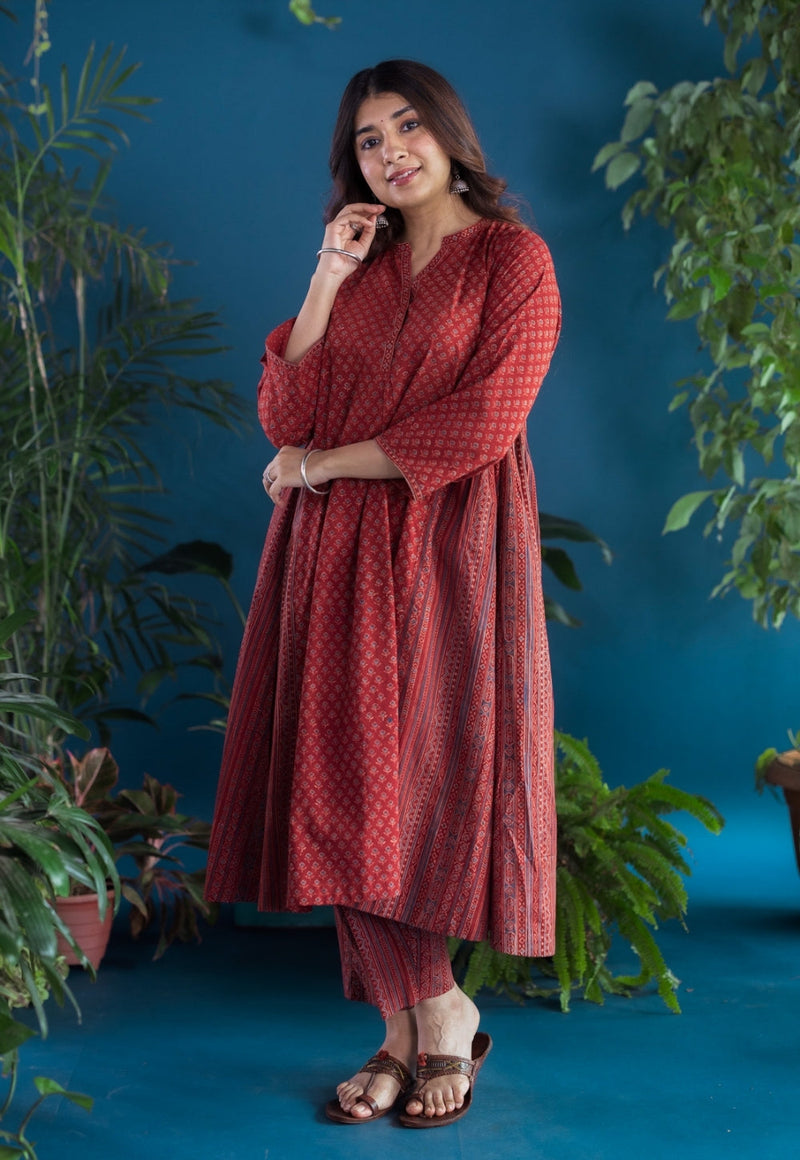 Athira Red Ajrakh Cotton Kali Kurta