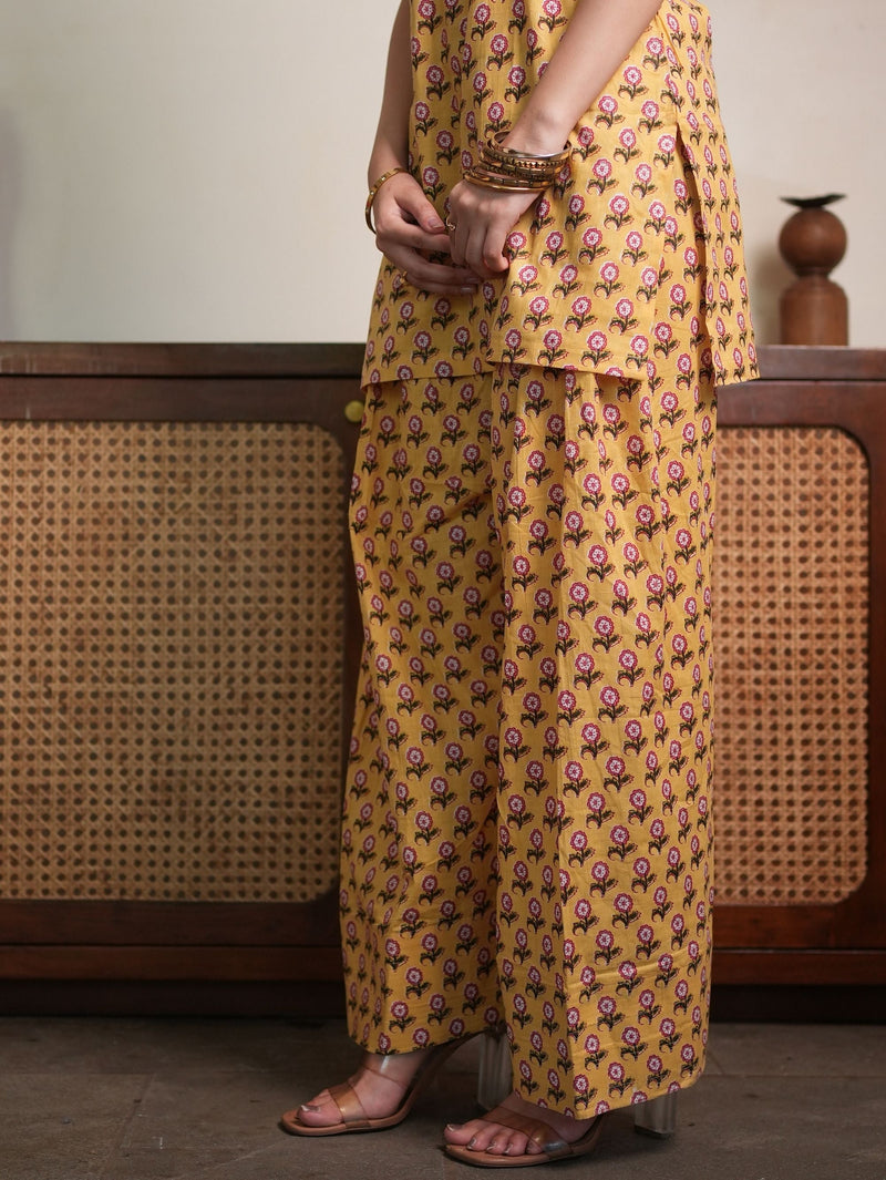 Honey Petal Yellow Cotton Kurta Set with Handblock Farshi Salwar