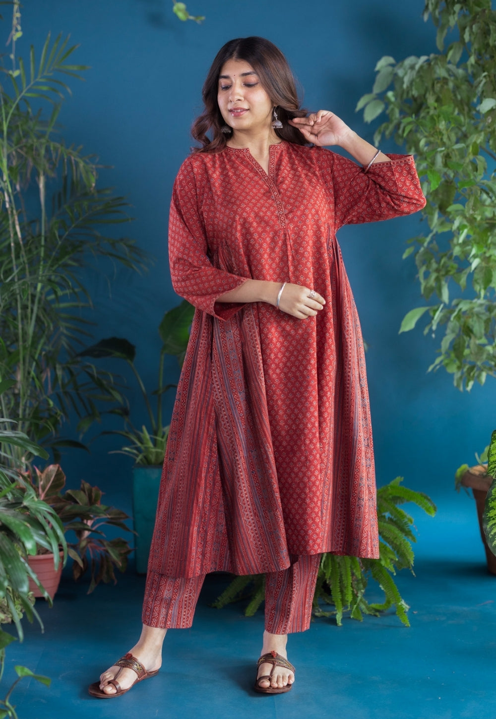 Athira Red Ajrakh Cotton Kali Kurta