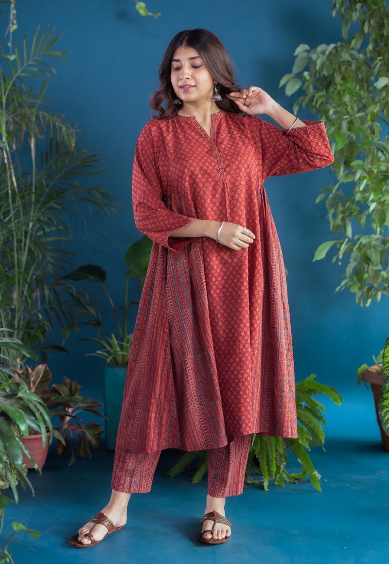 Athira Red Ajrakh Cotton Kali Kurta