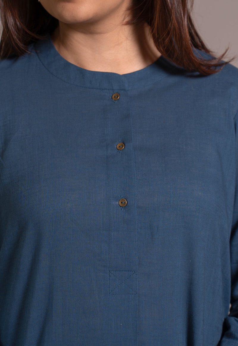 Indigo Solid Slub Cotton Straight Co-Ord Set- DyeVerse