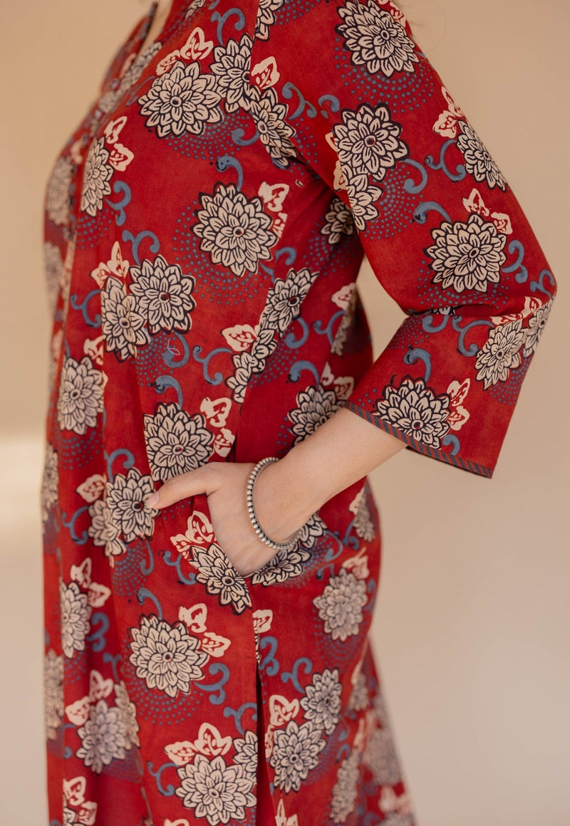 Dipika Red Ajrakh Cotton Straight Kurta