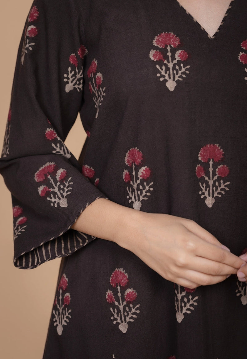 Shrusti Brown Dabu Slub Cotton A Line Kurta