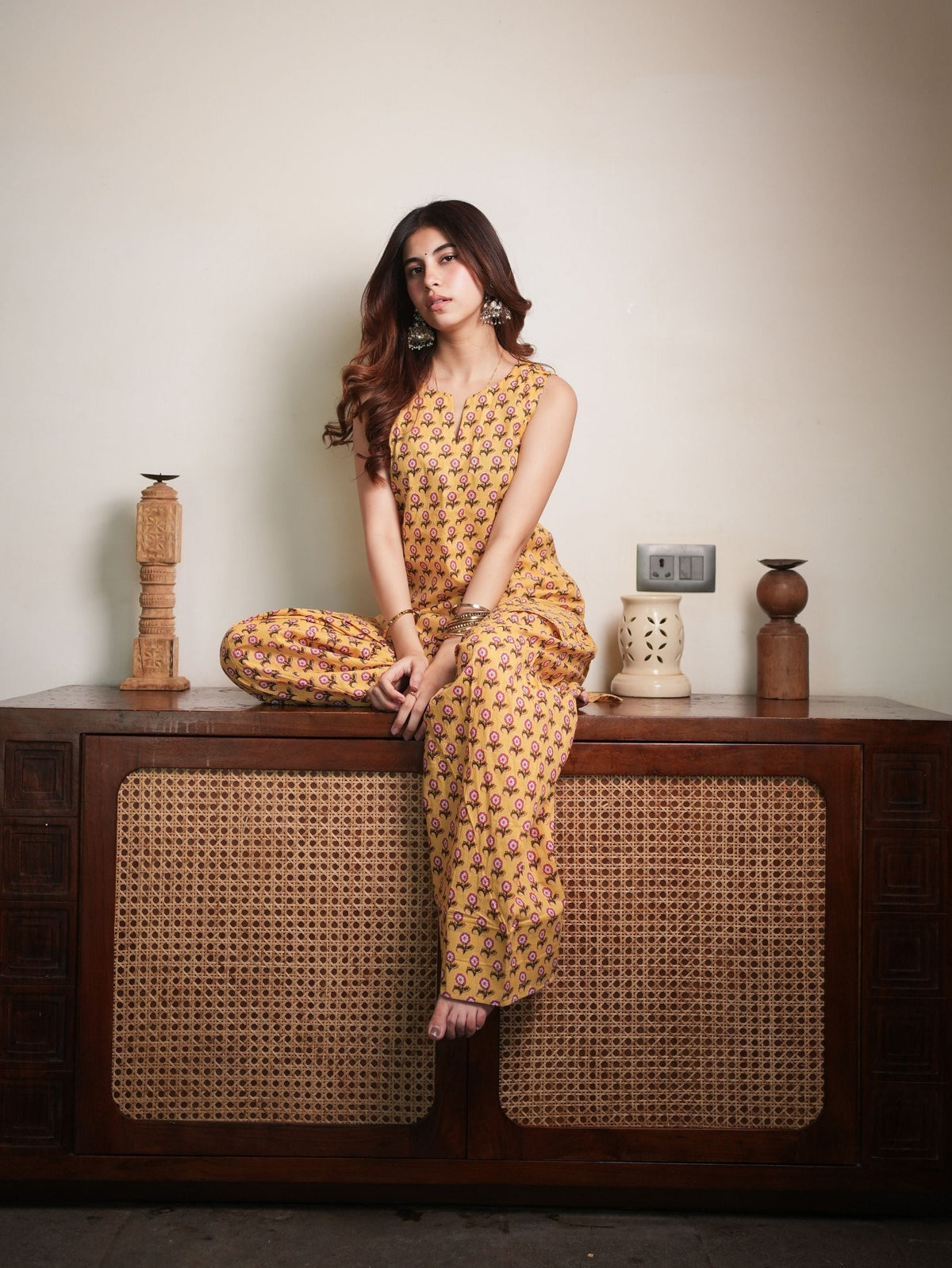 Honey Petal Yellow Cotton Kurta Set with Handblock Farshi Salwar