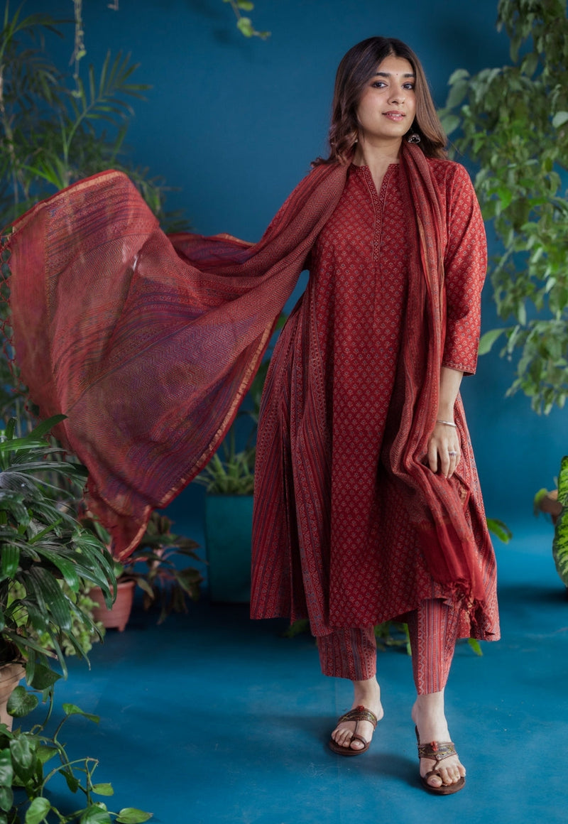 Prita Red Geometric Ajrakh Cotton Narrow Pant