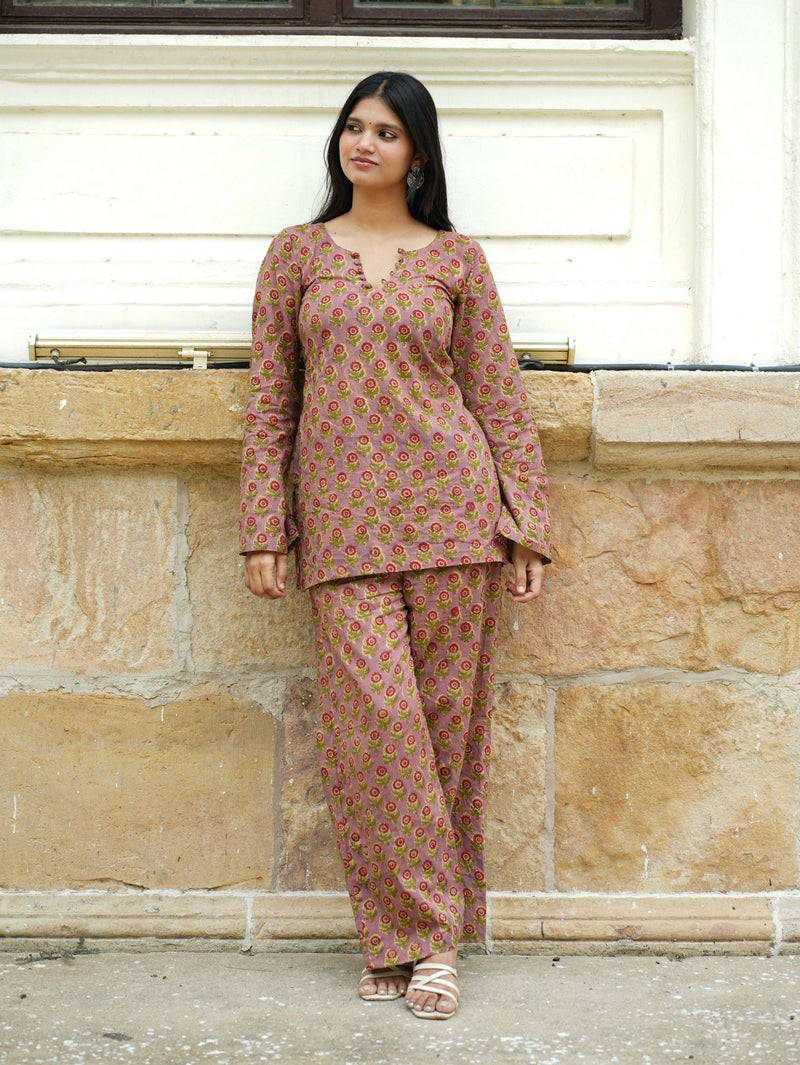 Nimmi Co-ord Set for Women - Pink Cotton Two Piece Kurta Palazzo Set