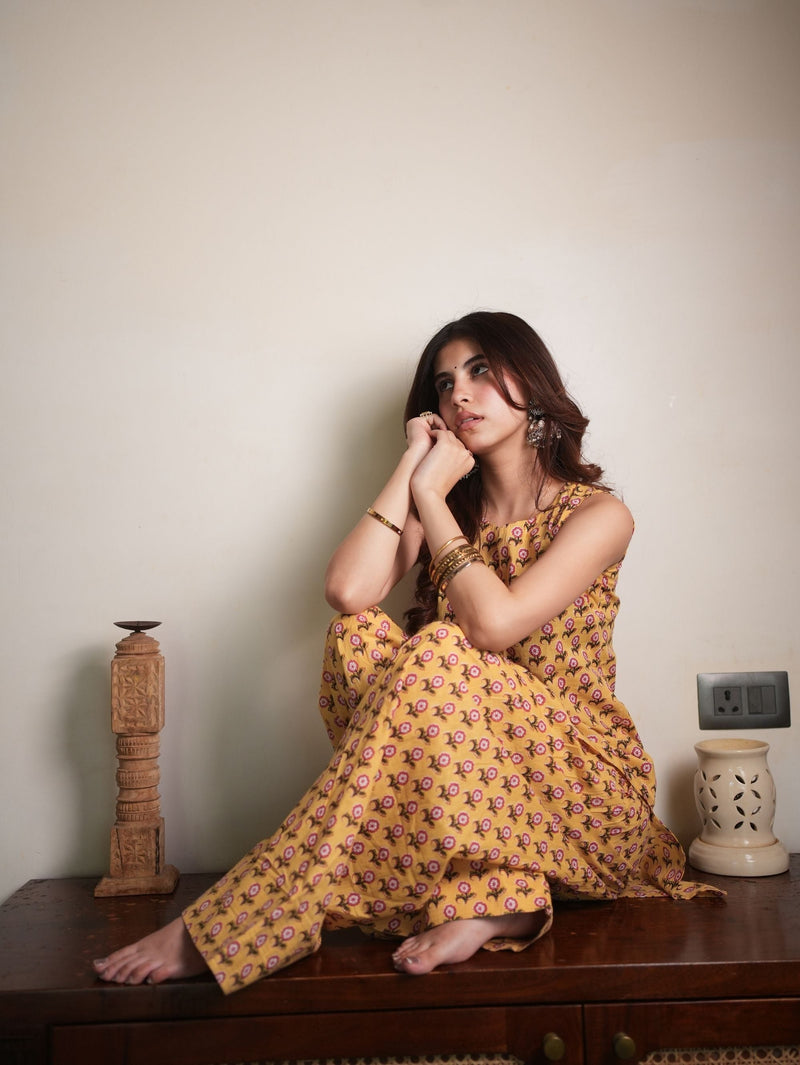 Honey Petal Yellow Cotton Kurta Set with Handblock Farshi Salwar
