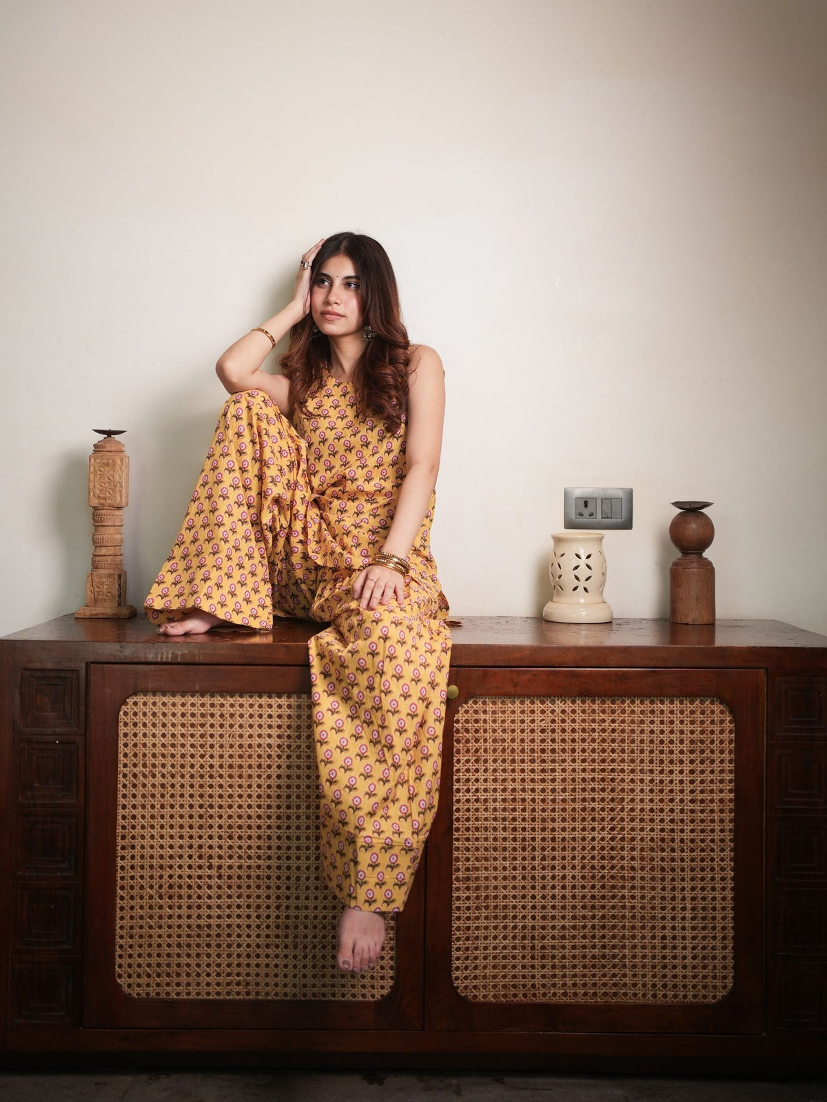 Honey Petal Yellow Cotton Kurta Set with Handblock Farshi Salwar