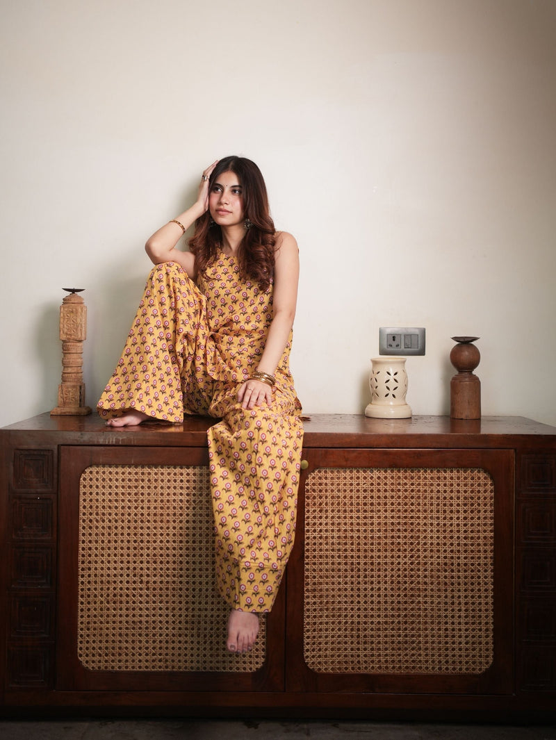 Honey Petal Yellow Cotton Kurta Set with Handblock Farshi Salwar