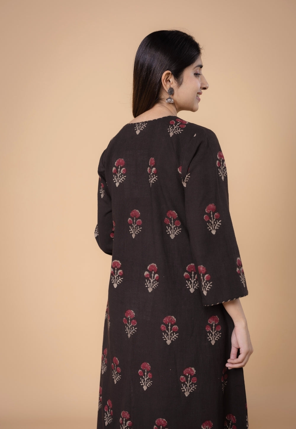 Shrusti Brown Dabu Slub Cotton A Line Kurta