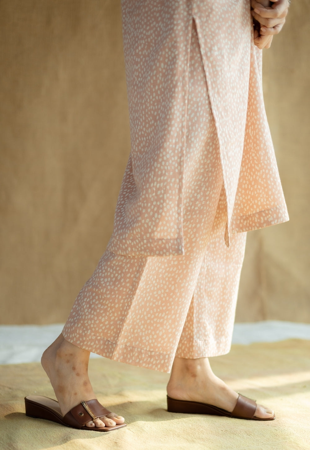 Yashi Peach Hand Block Print Slub Cotton Straight Pant