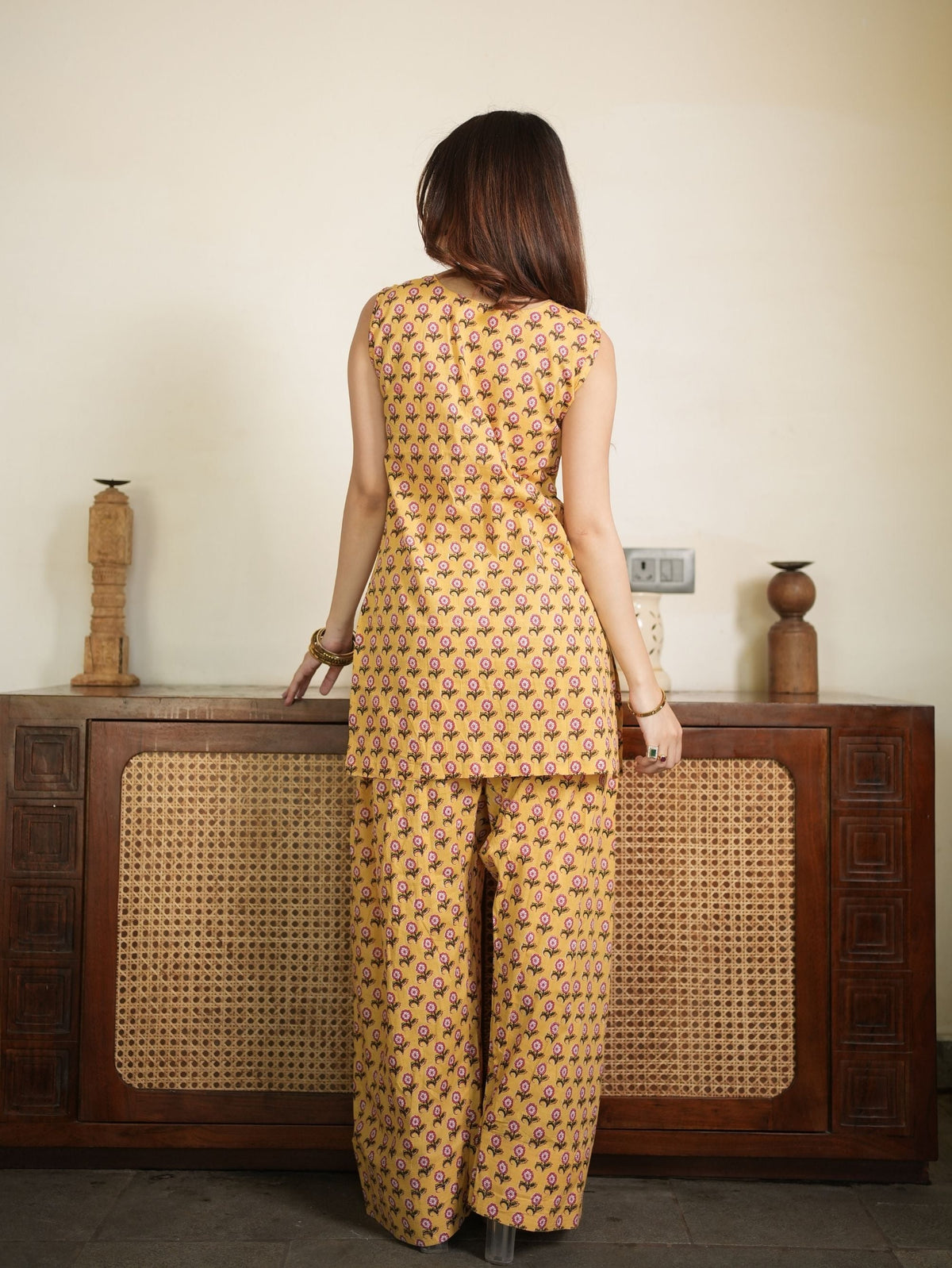 Honey Petal Yellow Cotton Kurta Set with Handblock Farshi Salwar