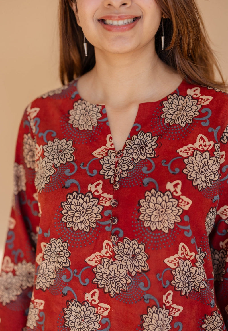 Dipika Red Ajrakh Cotton Straight Kurta