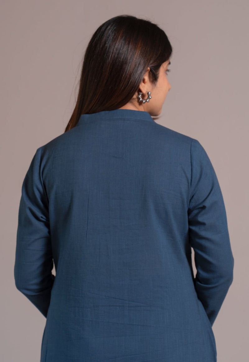 Indigo Solid Slub Cotton Straight Co-Ord Set- DyeVerse