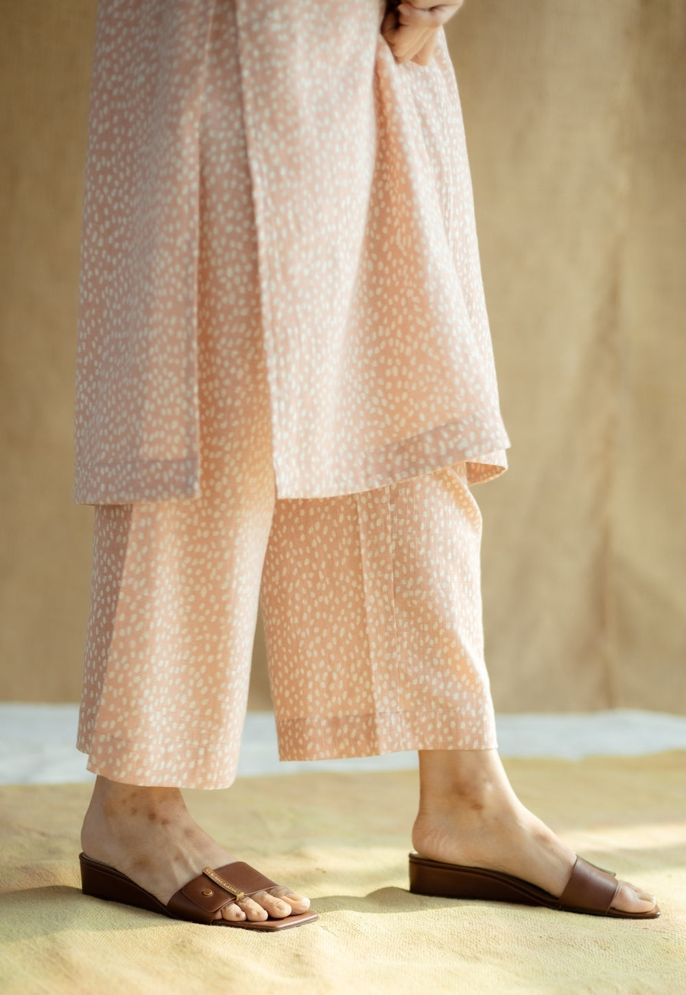 Yashi Peach Hand Block Print Slub Cotton Straight Pant