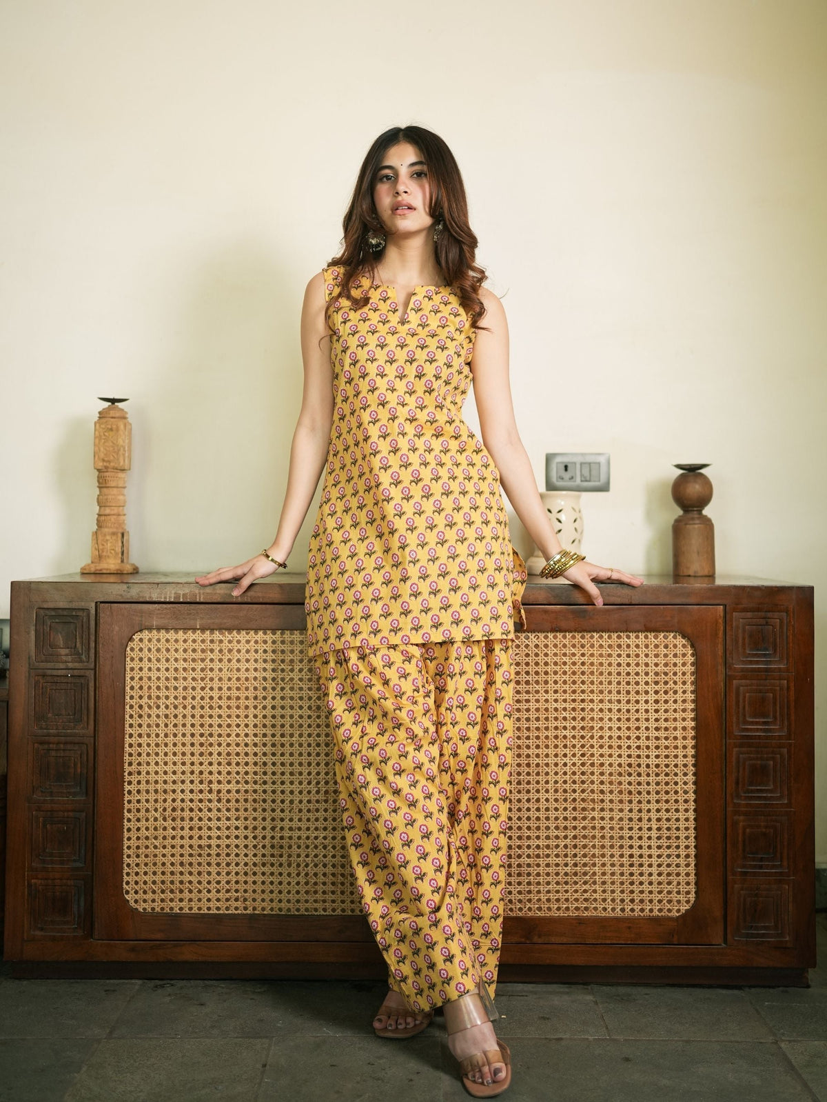 Honey Petal Yellow Cotton Kurta Set with Handblock Farshi Salwar