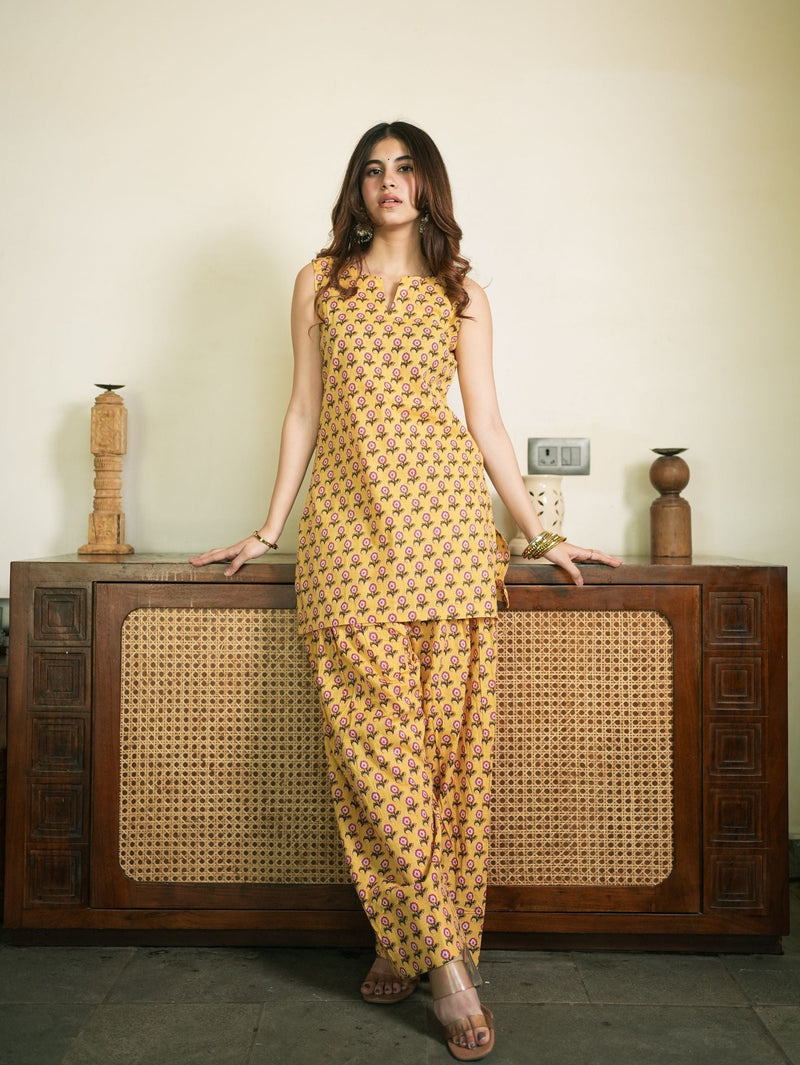 Honey Petal Yellow Cotton Kurta Set with Handblock Farshi Salwar