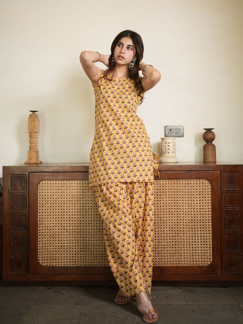 Honey Petal Yellow Cotton Kurta Set with Handblock Farshi Salwar