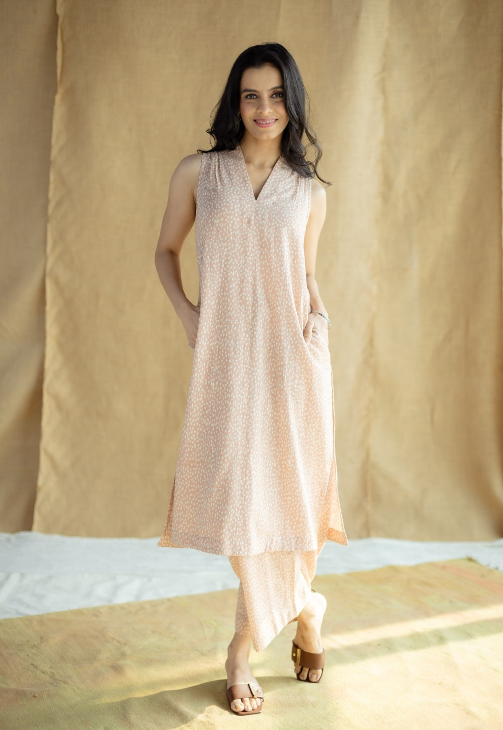 Yashi Peach Hand Block Print Slub Cotton Straight Pant