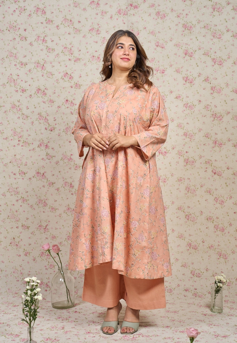 Mary Orange Sanganeri Mul Cotton Jhabbha Kali Kurta with Hand Embroidery and Slip