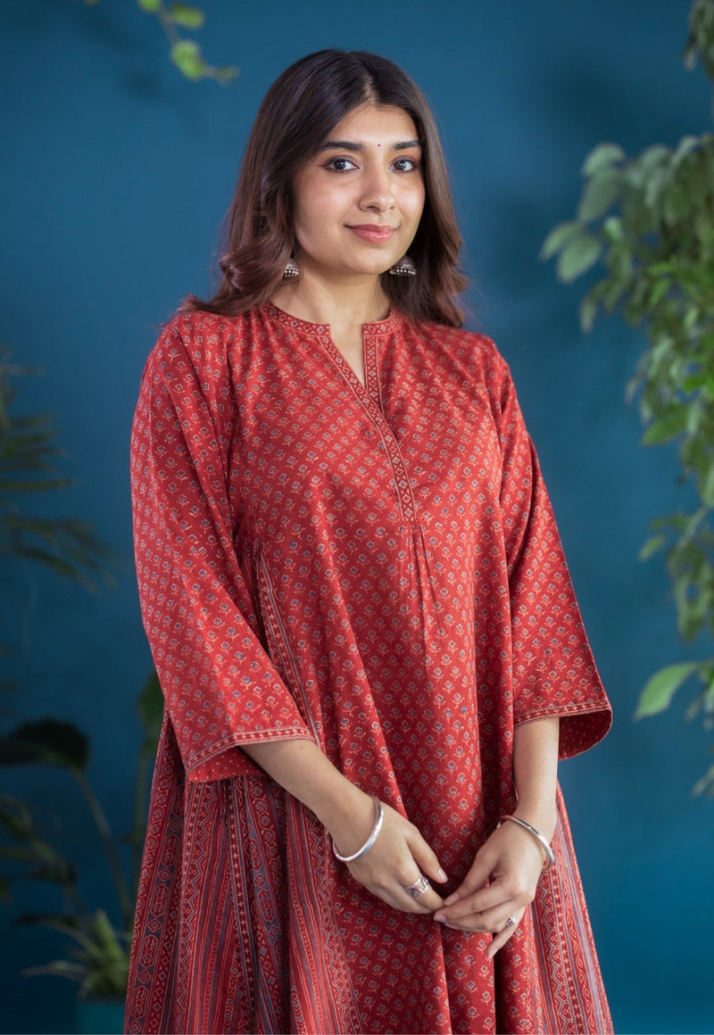 Athira Red Ajrakh Cotton Kali Kurta