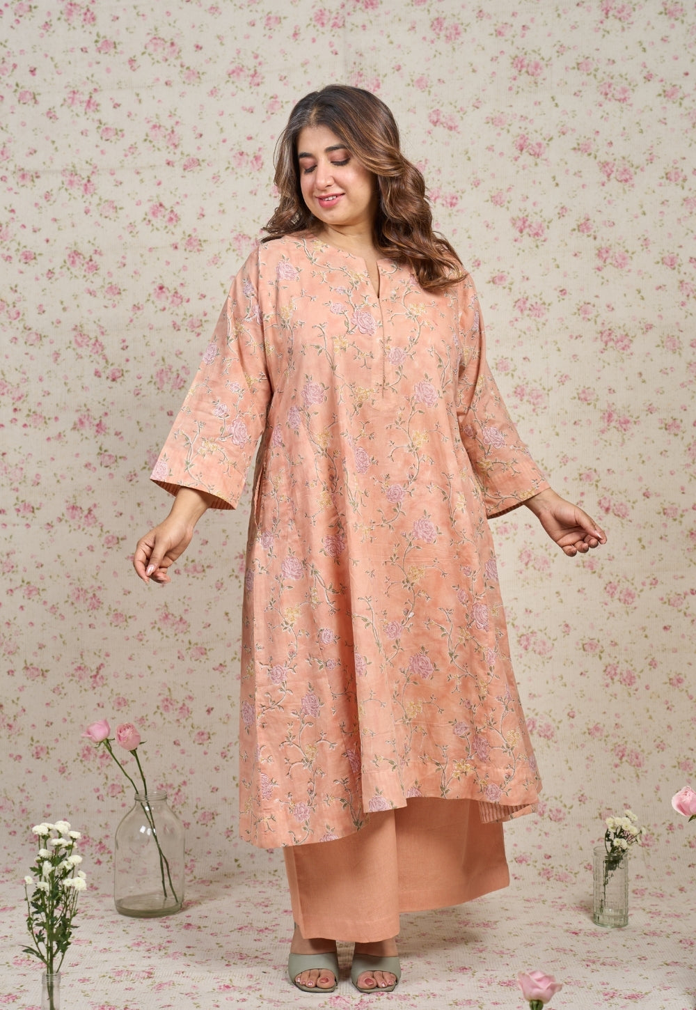 Mary Orange Sanganeri Mul Cotton Jhabbha Kali Kurta with Hand Embroidery and Slip