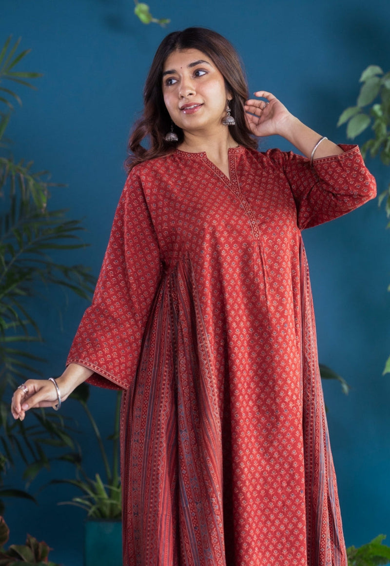 Athira Red Ajrakh Cotton Kali Kurta