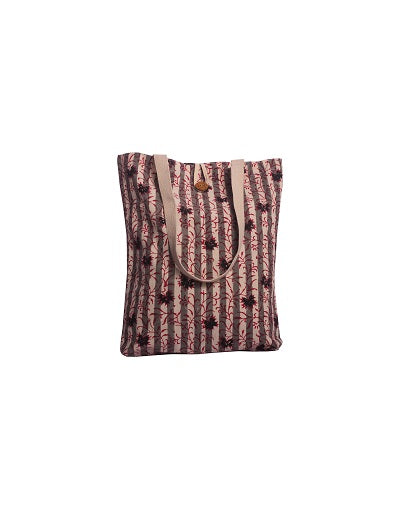 Cotton Shopping Tote Bag · Flowers With Stripes Red-5