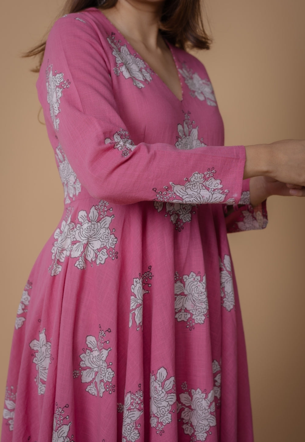 Ruvika Pink Dabu Slub Cotton A Line Kurta