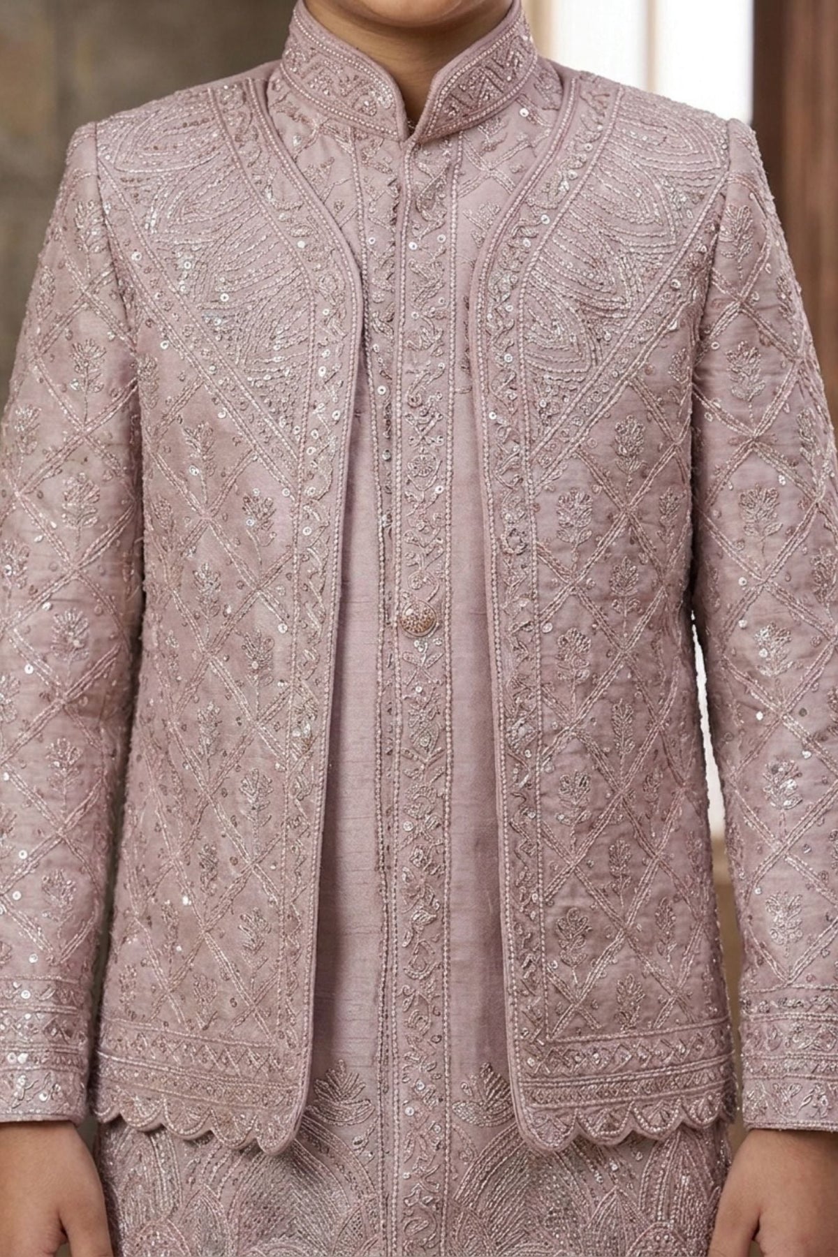 Lavender Embroidered Indo Western Sherwani Set For Boys