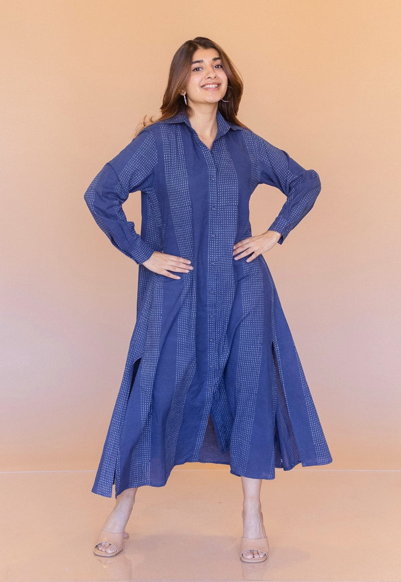 Trusha Blue Dabu Cotton A Line Dress
