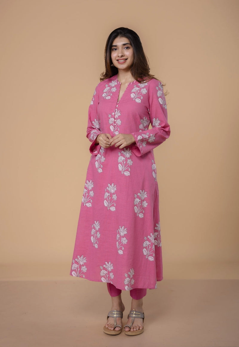 Eshika Pink Dabu Slub Cotton A Line Kurta