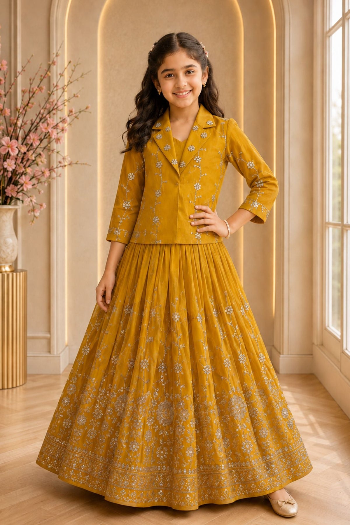 Girls Mustard Yellow Embroidered Jacket Style Lehenga Set with Floral Work