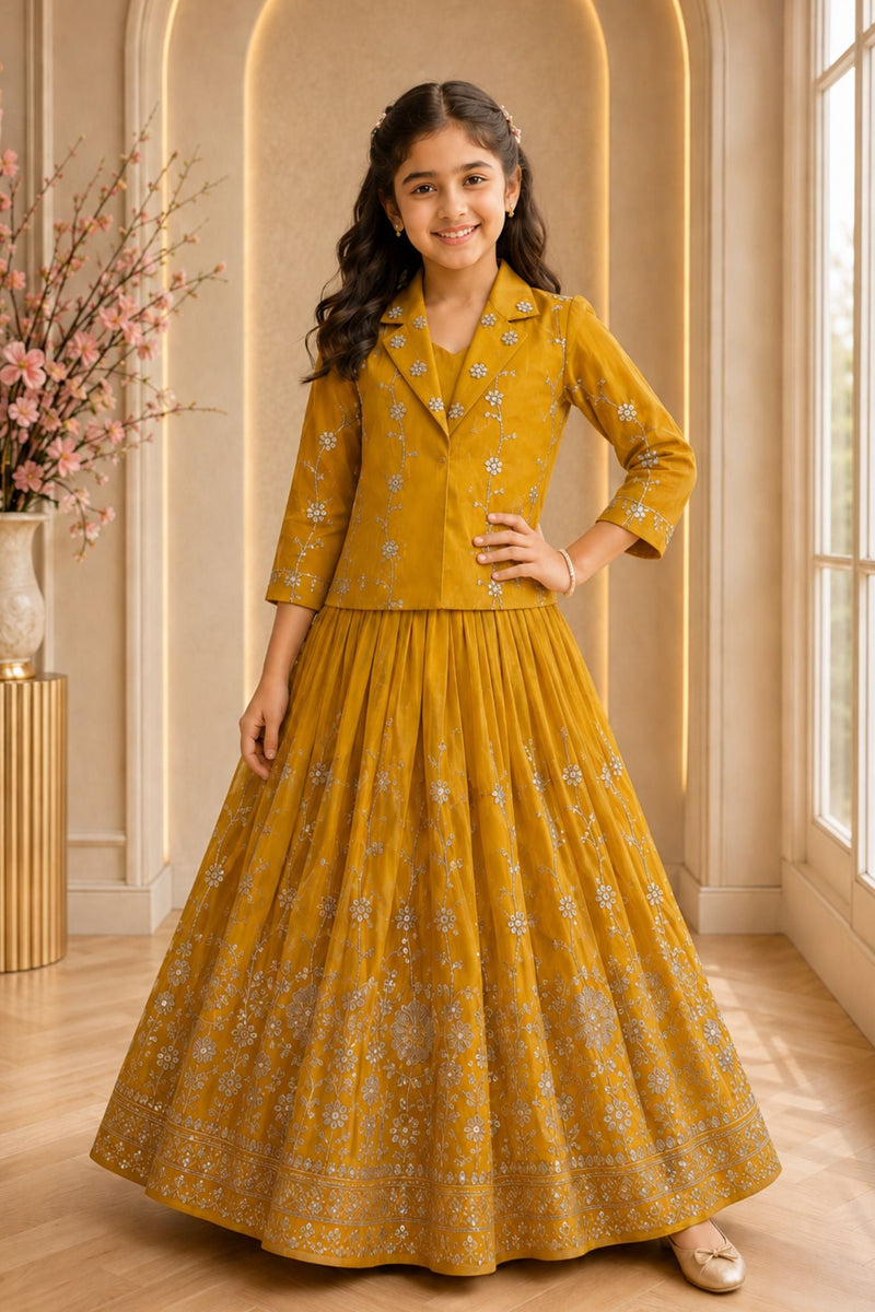 Girls Mustard Yellow Embroidered Jacket Style Lehenga Set with Floral Work