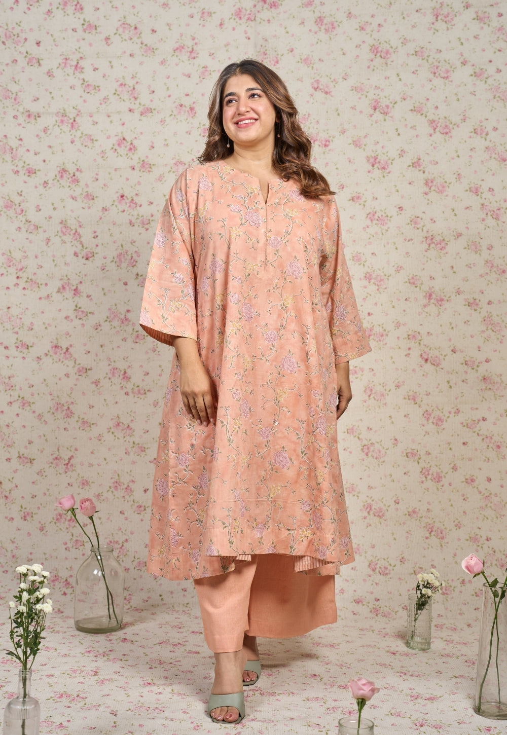 Mary Orange Sanganeri Mul Cotton Jhabbha Kali Kurta with Hand Embroidery and Slip