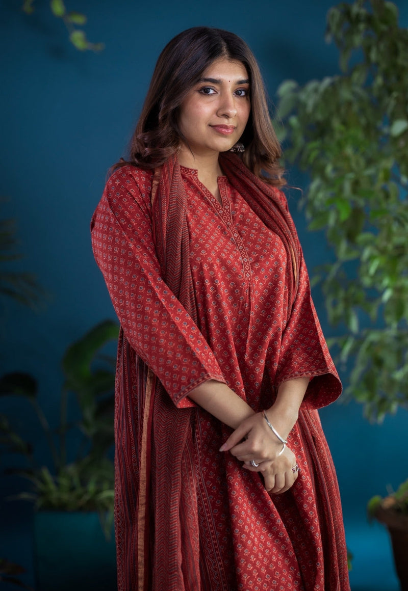 Athira Red Ajrakh Cotton Kali Kurta