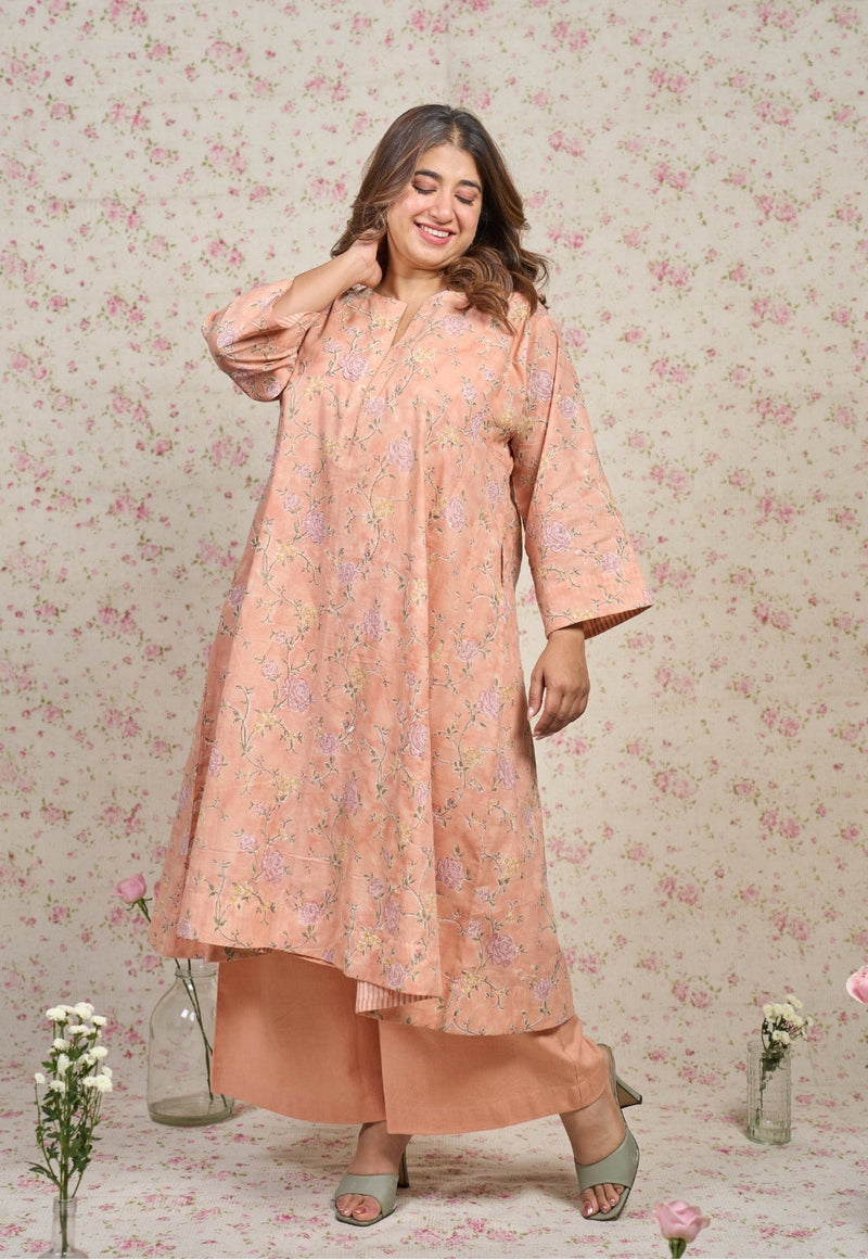 Mary Orange Sanganeri Mul Cotton Jhabbha Kali Kurta with Hand Embroidery and Slip
