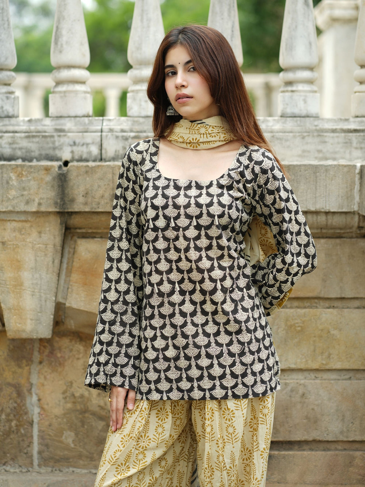Sifra Three Piece Farshi Set for Women - Black & Beige Handblock Cotton Suit Set with Dupatta