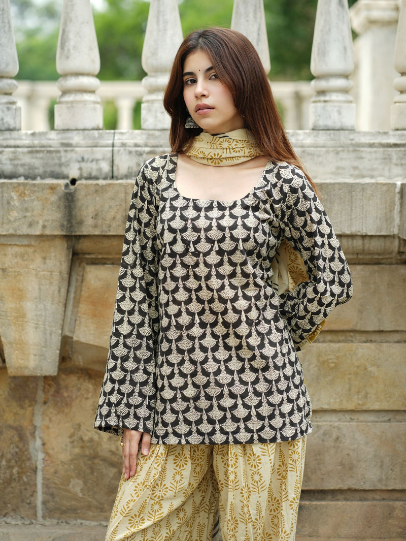 Sifra Three Piece Farshi Set for Women - Black & Beige Handblock Cotton Suit Set with Dupatta