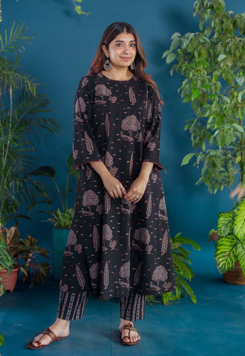 Tahira Black Ajrakh Cotton A Line Kurta